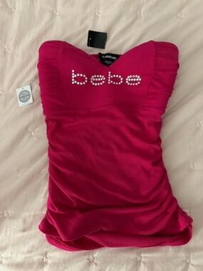 bebe Y2K Hot Pink Strapless Logo Swarovski Crystal Tube Top